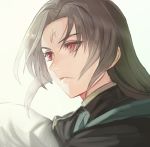  black_hair cape commentary_request facial_mark fire_emblem fire_emblem:_souen_no_kiseki kokouno_oyazi long_hair male_focus red_eyes simple_background solo soren 