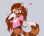  &lt;3 2018 5_fingers anthro black_nose clothed clothing dennyvixen digital_media_(artwork) dvixie female green_eyes hair mammal one_eye_closed red_panda red_panda_vixie_(dennyvixen) simple_background smile solo standing tongue tongue_out v_sign wink 