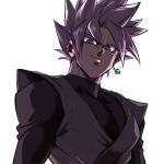  black_shirt close-up dougi dragon_ball dragon_ball_super earrings from_below gokuu_black jewelry light_smile looking_at_viewer lowres male_focus pink_eyes pink_hair potara_earrings shaded_face shirt short_hair spiked_hair st62svnexilf2p9 super_saiyan_rose upper_body 