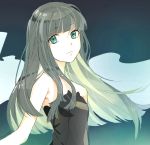  bangs bare_shoulders black_dress blunt_bangs closed_mouth commentary dress eyebrows_visible_through_hair green_eyes green_hair long_hair looking_at_viewer maruchi original solo upper_body 