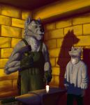  2018 anthro anvil apron blacksmith canine clothed clothing detailed_background digital_media_(artwork) duo father father_and_son fur gloves green_eyes grey_fur half-closed_eyes hammer hi_res male mammal muscular parent scar smile son standing tall_lizzard_(artist) teeth tools water white_fur wolf young 