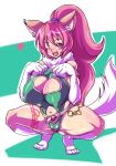  1girl animal_ears armlet blush breasts cleavage curvy female fur_trim gloves happy high_ponytail huge_breasts leotard long_hair looking_at_viewer open_mouth partially_visible_vulva paw_gloves paws perisie_(star_ocean) pink_eyes shiny shiny_skin simple_background smile solo star_ocean star_ocean_first_departure sweat tail very_long_hair 