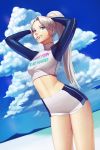  adjusting_hair blue_eyes blue_sky blush cloud cloudy_sky commentary day english_commentary hair_tie hair_tie_in_mouth highres horizon long_hair looking_at_viewer mouth_hold navel original outdoors parted_lips ponytail power_(lu_power) realistic silver_hair sky smile solo standing swimsuit teeth tying_hair 