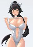  aori_sora ass_visible_through_thighs azur_lane black_hair bow breasts casual_one-piece_swimsuit center_opening commentary_request cowboy_shot criss-cross_halter flower grey_background hair_bow hair_flaps hair_flower hair_ornament halterneck highres huge_breasts legs_apart long_hair navel one-piece_swimsuit open_mouth ponytail simple_background solo standing strap_pull swimsuit takao_(azur_lane) upper_teeth very_long_hair white_bow white_flower white_swimsuit yellow_eyes 