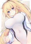  bangs blonde_hair blue_eyes blue_jacket blush breasts closed_mouth commentary_request covered_nipples dutch_angle eyebrows_visible_through_hair fate/grand_order fate_(series) from_below hair_between_eyes hair_ornament jacket jeanne_d'arc_(fate)_(all) jeanne_d'arc_(swimsuit_archer) large_breasts long_hair looking_at_viewer miko_92 navel one-piece_swimsuit open_clothes open_jacket ponytail purple_eyes smile solo swimsuit very_long_hair white_background white_swimsuit 
