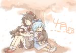  :/ :o ascot black_neckwear black_wings blue_dress blue_hair blush bow brown_hair camera cirno closed_eyes commentary_request dress full_body hair_bow hat highres ice ice_wings kototoki leaning_on_person looking_at_viewer multiple_girls outdoors pom_pom_(clothes) red_eyes red_neckwear shameimaru_aya shirt shoes short_hair short_sleeves sitting sketch skirt sleeping socks tokin_hat touhou translated tree wing_hug wings 