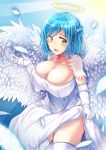  :d absurdres angel angel_wings bangs blue_hair blush braid breasts cleavage collarbone commentary_request detached_sleeves dress elbow_gloves eyebrows_visible_through_hair falling_feathers feathered_wings feathers french_braid gloves halo highres holding_skirt huge_breasts looking_at_viewer moira_(nijisanji) mole mole_on_breast mole_under_mouth nijisanji open_mouth short_hair side_slit smile solo thighhighs user_hstd3528 virtual_youtuber white_dress white_wings wings yellow_eyes 
