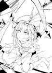  ascot bow commentary_request crystal flandre_scarlet frills greyscale hat highres hiyuu_(flying_bear) medium_hair mob_cap monochrome no_shoes puffy_short_sleeves puffy_sleeves ribbon shirt short_sleeves side_ponytail simple_background skirt smile socks solo touhou vest white_background wings 