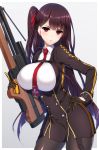  bangs bipod black_legwear black_skirt blazer blush breasts bullpup collared_shirt commentary_request cowboy_shot eyebrows_visible_through_hair framed_breasts girls_frontline gloves gun hair_ribbon half_updo hand_on_hip high-waist_skirt holding holding_gun holding_weapon jacket large_breasts long_hair looking_at_viewer minamon_(vittel221) necktie one_side_up open_mouth pantyhose pelvic_curtain purple_hair red_eyes red_neckwear ribbon rifle shirt sidelocks simple_background skirt sniper_rifle solo striped striped_shirt taut_clothes trigger_discipline very_long_hair wa2000_(girls_frontline) walther walther_wa_2000 weapon white_shirt 