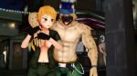  2018 3d_(artwork) anthro black_nose blonde_hair blue_hair blush braless breasts cleavage clothed clothing digital_media_(artwork) drunk duo eyes_closed female fur grope hair human hyena kemono male malicekira mammal multicolored_fur muscular muscular_male navel nipples open_mouth piercing shirt sin_sack smile spots spotted_fur stalking tongue tongue_out tongue_piercing topless underwear 