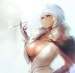  blue_eyes breasts cape closed_mouth commentary_request copyright_request eyepatch gloves hand_on_hip highres hometa large_breasts one_eye_covered parted_lips pipe short_hair sketch solo upper_body white_hair 