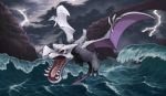  cloud cloudy_sky commentary_request flying gen_1_pokemon highres lightning no_humans ocean open_mouth overcast pearl7 pokemon pokemon_(creature) red_eyes scales sky solo spread_wings storm stormy_waters thunder waves 