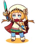  belt belt_pouch black_gloves blonde_hair blue_eyes cape chibi commentary_request gloves green_skirt hat hero_(sekaiju) holding holding_shield holding_sword holding_weapon naga_u open_mouth pink_belt pouch red_cape sekaiju_no_meikyuu sekaiju_no_meikyuu_x shield short_hair simple_background skirt solo standing sword weapon white_background 