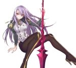  absurdres breasts brown_legwear day high_heels highres holding jacket juliet_sleeves large_breasts long_hair long_sleeves looking_at_viewer maruchi open_clothes open_jacket open_mouth original pants pantyhose polearm puffy_sleeves purple_hair red_eyes simple_background sitting sky spear sword weapon white_background 