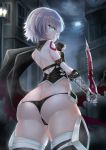  arm_belt ass bandaged_arm bandages black_legwear black_panties breasts cameltoe commentary_request covered_nipples dagger facial_scar fate/apocrypha fate_(series) fog from_behind gloves green_eyes highres jack_the_ripper_(fate/apocrypha) knife looking_at_viewer looking_back lowleg lowleg_panties moon night outdoors panties scar scar_on_cheek shiny shiny_hair shiny_skin shoulder_tattoo silver_hair single_glove small_breasts solo standing sunday_se7en tattoo thighhighs underwear weapon 