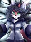  2018 alesarox anthro bed black_hair canine choker clothed clothing cute fan_character female fox freya green_eyes hair looking_at_viewer mammal solo 