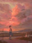  artist_name beach blue_skirt brown_hair cloud feel_(nasitaki) highres looking_away neckerchief original outdoors red_neckwear short_hair signature skirt sky solo standing sunset 