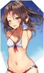  ;d bare_shoulders bikini blush breasts brown_eyes brown_hair collarbone hair_ornament hair_scrunchie highres kantai_collection looking_at_viewer natsu_narumi navel one_eye_closed open_mouth ponytail scrunchie small_breasts smile solo stomach swimsuit wrist_scrunchie zuihou_(kantai_collection) 