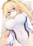  bangs bespectacled black-framed_eyewear blonde_hair blue_eyes blue_jacket blush breasts closed_mouth commentary_request covered_nipples dutch_angle eyebrows_visible_through_hair fate/grand_order fate_(series) from_below glasses hair_between_eyes hair_ornament jacket jeanne_d'arc_(fate)_(all) jeanne_d'arc_(swimsuit_archer) large_breasts long_hair looking_at_viewer miko_92 navel one-piece_swimsuit open_clothes open_jacket ponytail purple_eyes smile solo swimsuit very_long_hair white_background white_swimsuit 