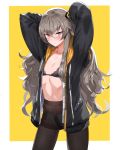  absurdres arms_behind_head bangs black_bra black_legwear blush bra breasts commentary cowboy_shot crossed_bangs crotch_seam eyebrows_visible_through_hair girls_frontline grey_hair hair_between_eyes hair_ornament highres hood hood_down hooded_jacket jacket long_hair looking_at_viewer one_side_up open_clothes open_jacket outside_border panties panties_under_pantyhose pantyhose scar scar_across_eye skindentation small_breasts ssamjang_(misosan) thighband_pantyhose ump45_(girls_frontline) underwear white_panties yellow_eyes zipper 