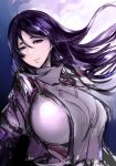  bodysuit breasts commentary_request fate/grand_order fate_(series) floating_hair highres hometa huge_breasts looking_at_viewer minamoto_no_raikou_(fate/grand_order) parted_lips pink_bodysuit purple_background purple_eyes purple_hair sketch smile solo tabard upper_body weapon 