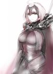  ahoge armor breasts cape closed_mouth eyebrows_visible_through_hair fate/grand_order fate_(series) fur_trim highres hometa jeanne_d'arc_(alter)_(fate) jeanne_d'arc_(fate)_(all) large_breasts looking_at_viewer pale_skin short_hair simple_background sketch smile solo standing white_background yellow_eyes 
