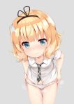  :t bangs black_hairband black_ribbon blonde_hair blue_eyes breasts closed_mouth collarbone commentary_request eyebrows_visible_through_hair gochuumon_wa_usagi_desu_ka? grey_background grey_neckwear hairband head_tilt highres kirima_sharo leaning_forward looking_at_viewer necktie no_pants panties panty_pull plaid_neckwear pout pussy_juice ribbon shirt short_sleeves simple_background small_breasts solo toketou underwear undressing white_panties white_shirt 