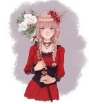  absurdres animal_ears blonde_hair blue_eyes braid cat_ears choker corset demstouts dress eyebrows_visible_through_hair final_fantasy final_fantasy_xiv flower hair_flower hair_ornament highres holding long_hair looking_at_viewer miqo'te parted_lips red_dress simple_background smile solo staff twin_braids upper_body white_mage 