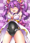  aisha_(elsword) blush breasts dimension_witch_(elsword) elsword eyebrows_visible_through_hair eyes_visible_through_hair hair_between_eyes heart heart-shaped_pupils highres leotard magical_girl medium_breasts open_mouth purple_hair simple_background solo steelycross symbol-shaped_pupils twintails 