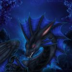  2018 5_fingers black_scales claws digital_media_(artwork) dragon feral headshot_portrait horn night outside portrait red_eyes scales selianth sky smile solo spines star starry_sky teeth 