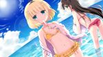  aqua_eyes ass bikini blonde_hair breasts brown_hair cloud day dutch_angle eyebrows_visible_through_hair food frilled_bikini frills gochuumon_wa_usagi_desu_ka? green_eyes himarisu_(hida_mari) holding holding_food jacket kirima_sharo large_breasts leaning_forward lens_flare long_hair looking_at_viewer multiple_girls off_shoulder open_clothes open_jacket orange_bikini outdoors polka_dot polka_dot_bikini popsicle profile red_bikini signature sky sleeves_past_wrists small_breasts sun swimsuit ujimatsu_chiya very_long_hair wading water 