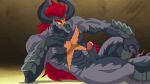  2018 anthro arm_support balls batzz_(buddyfight) black_scales bna_v5 claws dragon edit erection facial_scales future_card_buddyfight grey_scales hair horn humanoid_penis leaning_on_elbow long_hair lying male muscular muscular_male nude nude_edit on_side penis precum red_hair scales scalie screencap simple_background smile solo vein 