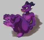  2017 4_toes angry anthro anus facial_piercing feet female foot_focus grey_background hands_behind_back hi_res horn kobold legs_up nose_piercing nose_ring nude piercing purple_skin pussy scalie simple_background siroc sitting soles solo toes yellow_eyes 