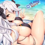  absurdres antenna_hair azur_lane bangs beach bikini black_bikini black_ribbon blush breasts brown_eyes candy choker commentary cross cross_earrings crossed_legs day discord earrings english_commentary eyebrows_visible_through_hair eyes_visible_through_hair flag_print followers food german_flag_bikini hair_between_eyes highres innertube iron_cross jewelry large_breasts lollipop long_hair looking_at_viewer looking_back mole mole_on_breast mouth_hold multicolored_hair outdoors prinz_eugen_(azur_lane) red_hair ribbon sideboob silver_hair sitting skindentation smile solo streaked_hair swimsuit thighs tony_guisado two_side_up v very_long_hair wet 