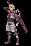  ahoge armor blonde_hair blue_eyes full_body highres male_focus monado official_art short_hair shulk simple_background smile solo sword tanaka_kunihiko vest weapon xenoblade_(series) xenoblade_1 xenoblade_2 