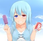  aqua_hair bangs blue_eyes blush breasts can cleavage clothing_request cloud coca-cola collarbone commentary day eyebrows_visible_through_hair food garasuita grin heterochromia highres holding holding_can holding_food ice_cream large_breasts long_hair long_sleeves outdoors red_eyes shiny shiny_hair sky smile soda_can solo stitches tatara_kogasa touhou upper_body 