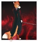  2018 4_toes 5_fingers anthro canine clothed clothing digital_media_(artwork) digitigrade dog fur holding_object holding_weapon inkrend mammal melee_weapon orange_fur solo sword toes weapon 