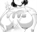  1girl breasts fat huge_breasts original plump shimejix short_hair smile solo upper_body v 