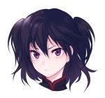  black_hair closed_mouth commentary d.gray-man earrings hair_between_eyes jewelry lenalee_lee maruchi portrait purple_eyes short_hair simple_background solo two_side_up white_background 
