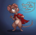  2018 anthro blue_eyes bottomless cape clothed clothing english_text featureless_crotch female mammal mouse mrs._brisby open_mouth rodent simple_background siroc solo text the_secret_of_nimh uncertain unseen_character 