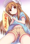  bag baseball_cap blue_shirt blush brown_eyes brown_hair eyebrows_visible_through_hair flag hat hataraku_saibou head_tilt himarisu_(hida_mari) holding long_hair looking_at_viewer navel parted_lips platelet_(hataraku_saibou) shirt short_sleeves shorts solo very_long_hair whistle white_background yellow_shorts 