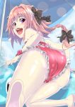  1boy ass astolfo_(fate) bare_shoulders barefoot bikini blush bow braid bulge fang fate/apocrypha fate/grand_order fate_(series) from_behind from_below hair_bow huge_ass innertube long_hair looking_at_viewer looking_back looking_down multicolored_hair open_mouth pink_hair purple_eyes shimson shiny shiny_clothes shiny_hair shiny_skin single_braid smile solo swimsuit trap two-tone_hair umbrella very_long_hair white_hair 