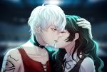  artist_name bad_id bad_pixiv_id black_hair blue_eyes blurry blurry_background closed_eyes commission hand_on_another's_head kiss long_hair looking_at_another original profile soyubee tattoo twitter_username upper_body white_hair 