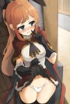  alley black_gloves blue_eyes blush cape clarisse_(granblue_fantasy) commentary_request finger_to_mouth gloves granblue_fantasy highres long_hair looking_to_the_side momio orange_hair panties ponytail shushing skirt skirt_lift underwear white_panties 