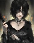 bandages black_dress black_hair choker commentary demon's_souls dress english_commentary highres jewelry lips maiden_in_black necklace no_eyes nose pale_skin ragecndy short_hair solo souls_(from_software) staff upper_body 