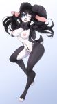 2016 anthro black_fur black_hair blue_eyes breasts caprine chest_tuft female fur hair horn looking_at_viewer mammal midriff miyu_(apipapi) multicolored_fur navel nipples one_eye_closed pussy sheep short_tail solo standing thescarletdevil tuft white_fur wink 