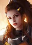  1girl brigitte_(overwatch) brown_eyes brown_hair freckles highres lips long_hair looking_at_viewer overwatch parted_lips ponytail portrait qichao_wang sidelocks signature simple_background smile solo upper_body 