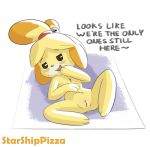  animal_crossing anthro blush canine dog english_text female fur isabelle_(animal_crossing) looking_at_viewer mammal nintendo nude open_mouth presenting presenting_pussy pussy solo spreading starshippizza text video_games 