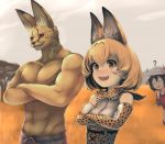  ? abs animal_head animal_humanoid anthro armwear biceps black_hair blonde_hair blush breasts cat_humanoid cheetahmen clothed clothing elbow_gloves feline female gloves hair human humanoid inner_ear_fluff kaban_(kemono_friends) kemono_friends legwear male mammal manly muscular muscular_male n_mia open_mouth pecs serval serval_(kemono_friends) short_hair skirt smile solo topless 