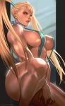  adapted_costume blonde_hair blue_eyes blue_swimsuit breasts collar commentary curvy detached_collar english_commentary frilled_collar frills large_breasts lips long_hair no_mask nose parted_lips rainbow_mika rejean_dubois shiny shiny_skin sideboob slingshot_swimsuit solo squatting strap_gap street_fighter swimsuit thick_thighs thighs toned twintails 